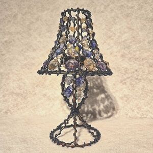 Bronze Parlor Lamp 12" Tealight Candle Holder Blue Beaded Copper Wire Wrapped